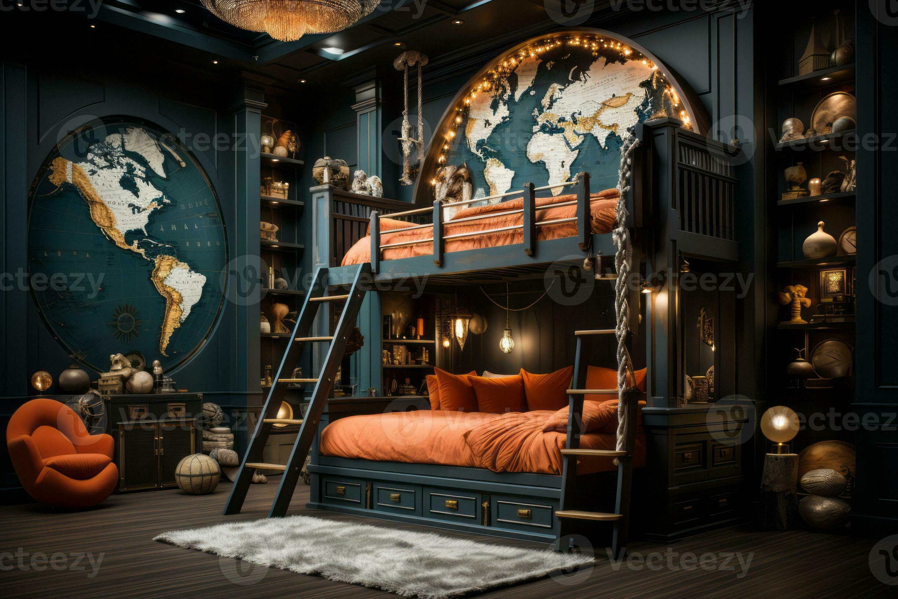 Kids bedroom with a whimsical adventure theme featuring bunk beds