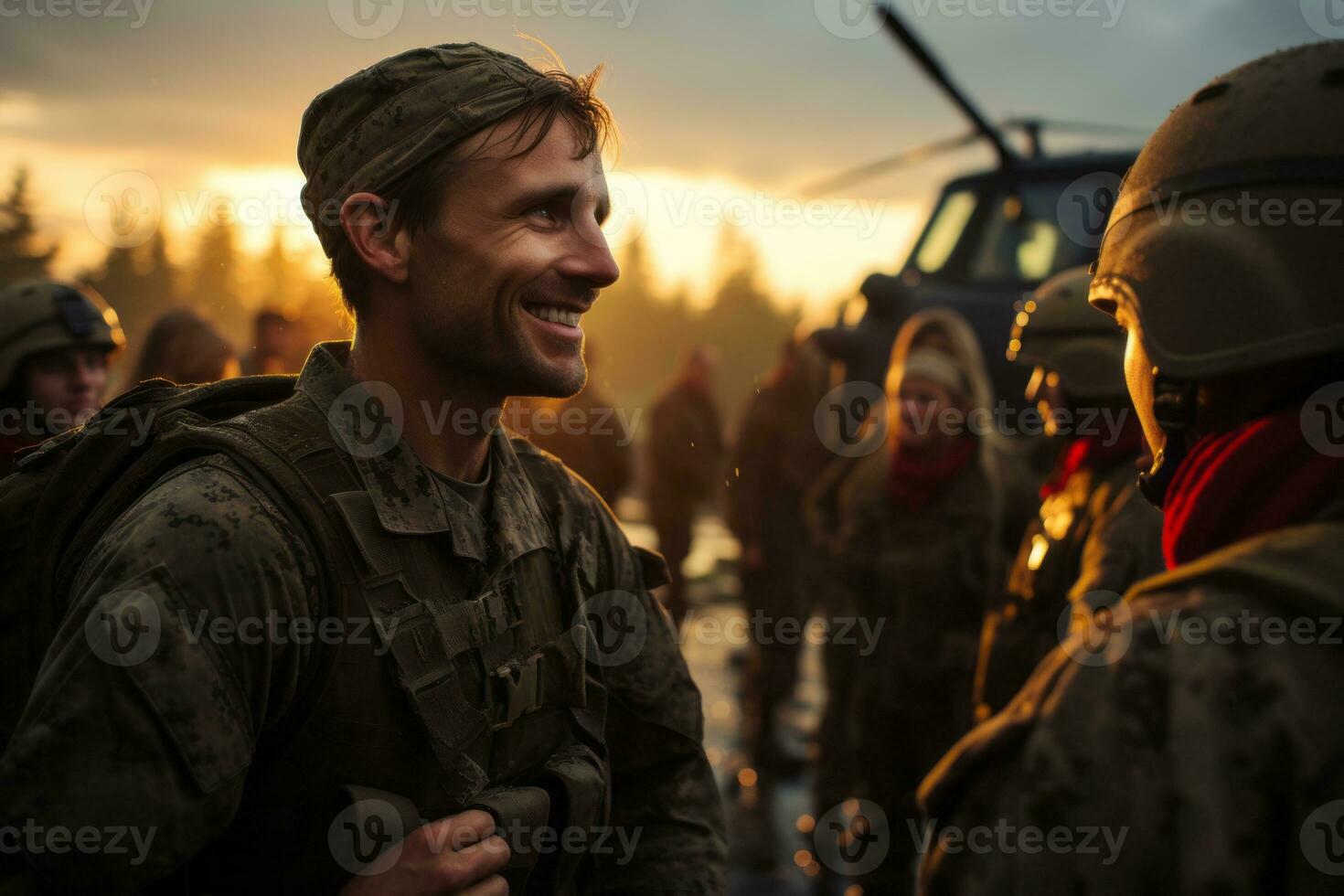 Emotional scene of marines returning home to warm embraces, reflecting the joy of reunions. Generative Ai photo