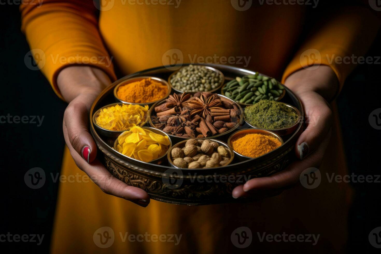 Hands holding a traditional Indian spice box Masala Dabba with curcuma as a centerpiece. Generative AI photo