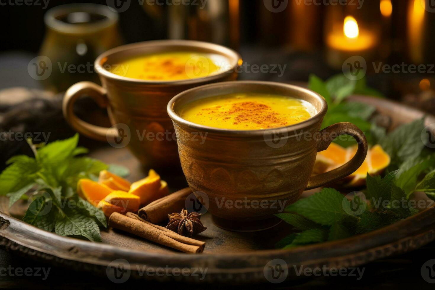 Steaming cups of turmeric tea surrounded by fresh curcuma roots, presenting the soothing qualities of the beverage. Generative AI photo