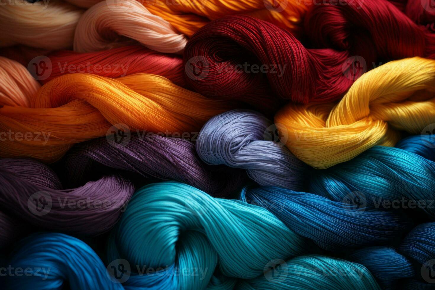 Vibrant bundles of yarn in various textures and hues, symbolizing the diversity of textiles in the industry. Generative Ai photo