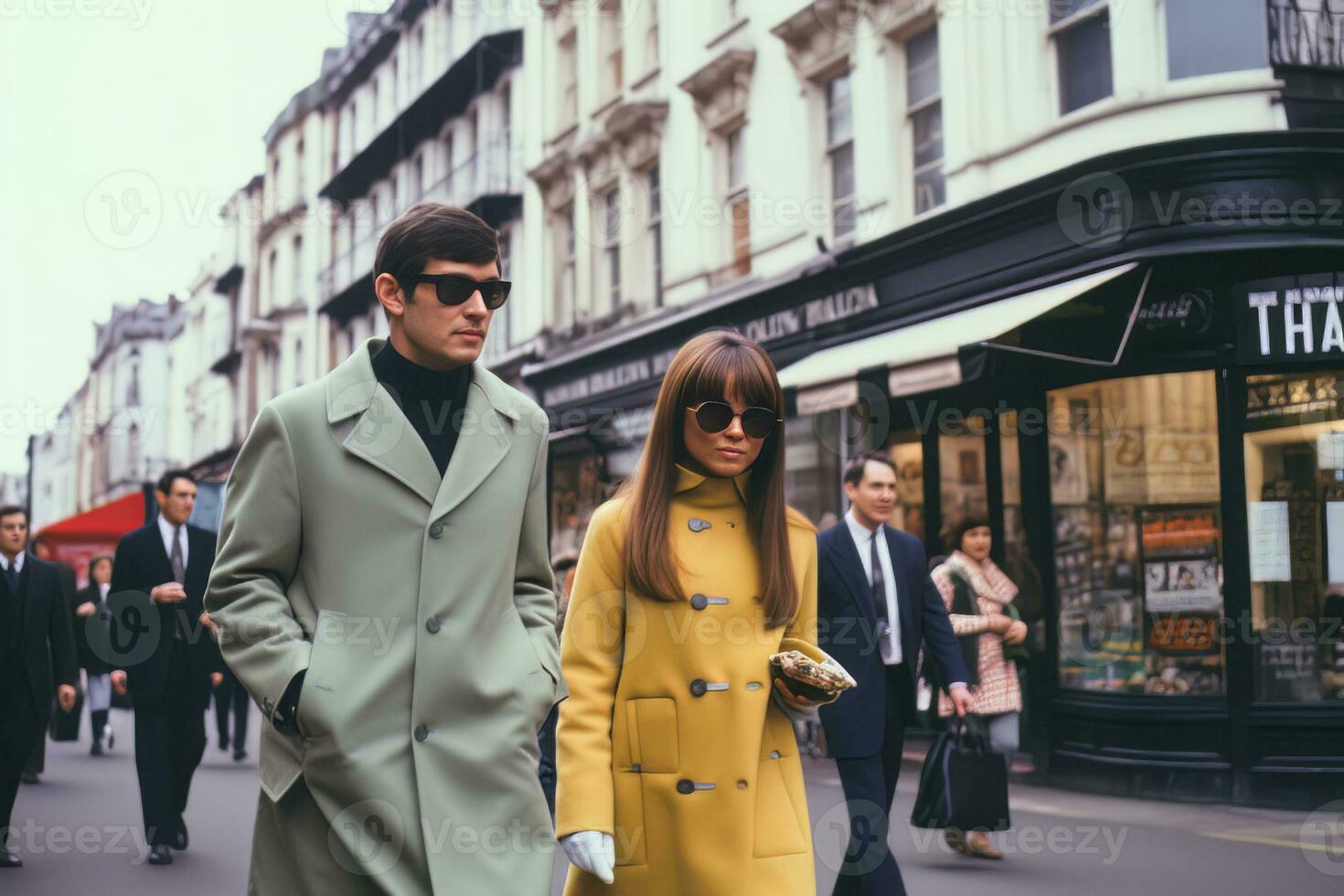 A stylish couple in trendy 1960s fashion walking down a bustling London street, showcasing the iconic mod style of the era. Generative Ai photo