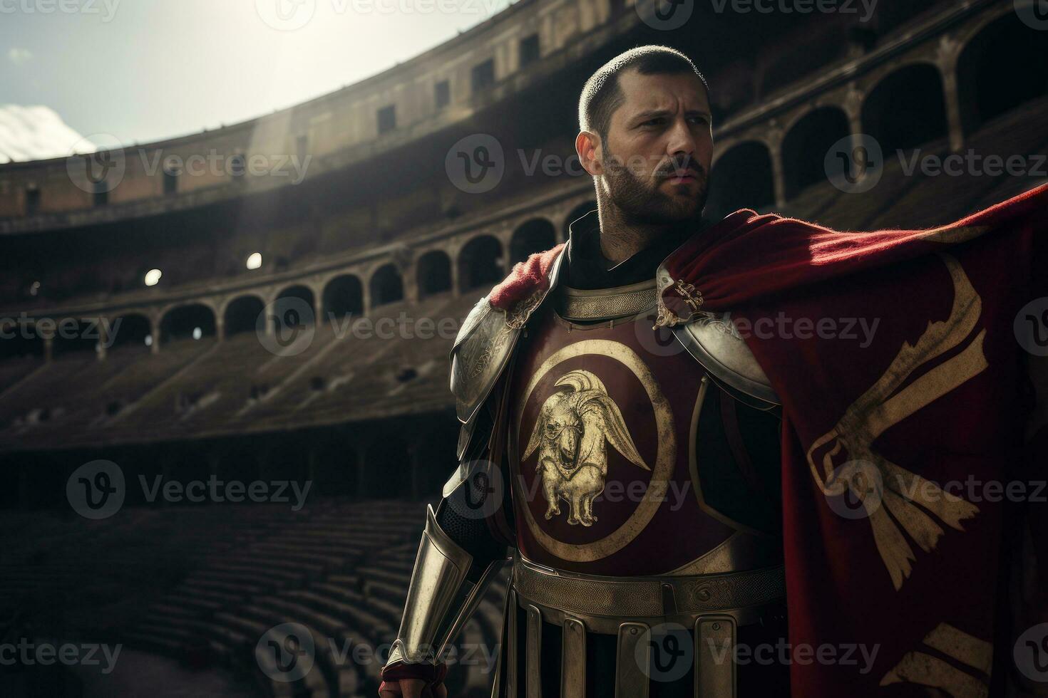 A Legionnaire holding a Roman flag high in the Colosseum, representing the might of the Roman Empire. Generative Ai photo