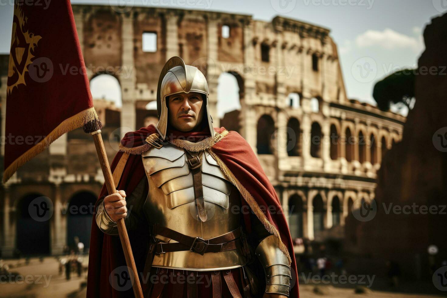 A Legionnaire holding a Roman flag high in the Colosseum, representing the might of the Roman Empire. Generative Ai photo