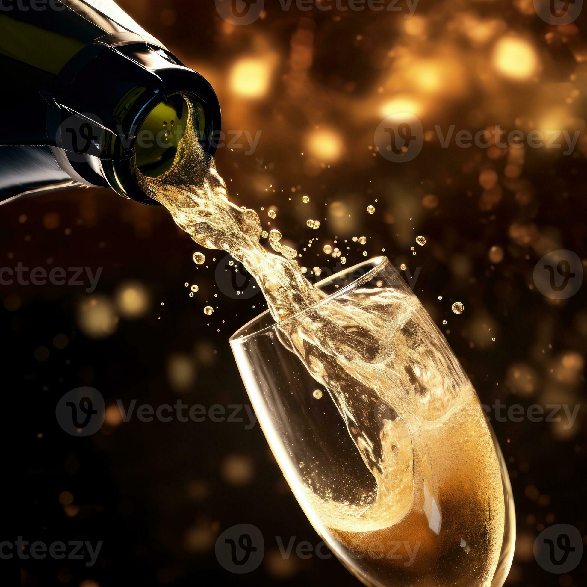 Close up of a popping champagne with golden bubbles bottle pour in