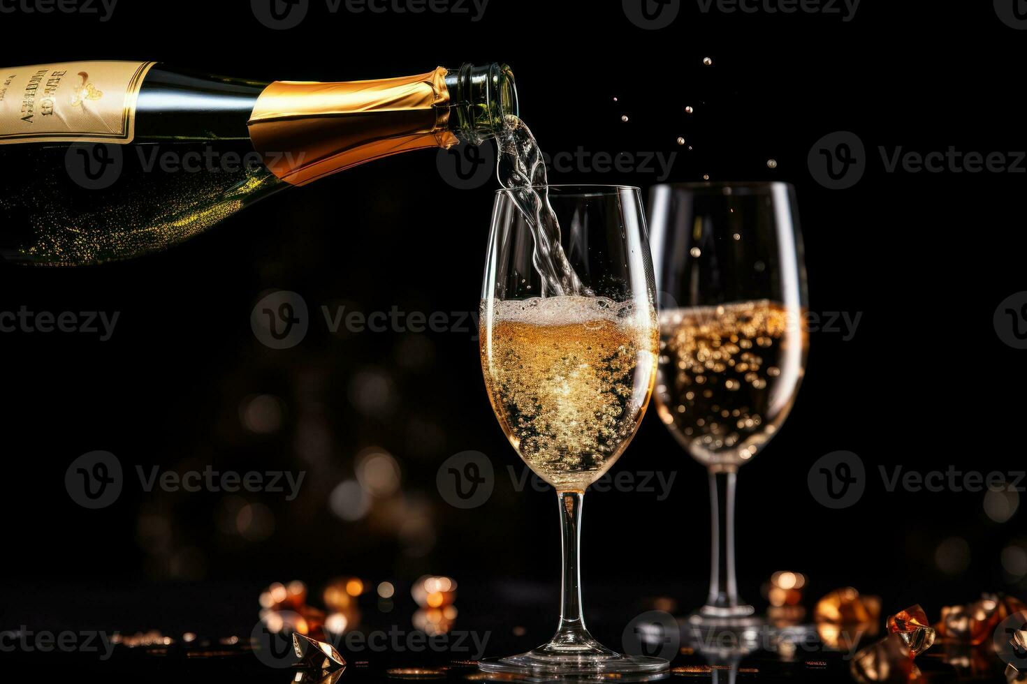 Close up of a popping champagne with golden bubbles bottle pour in champagne glass. Generative Ai photo