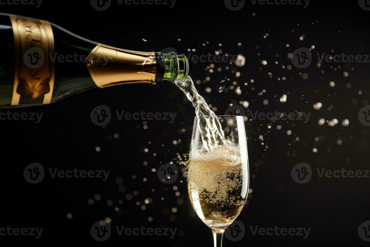 Close up of a popping champagne with golden bubbles bottle pour in champagne glass. Generative Ai photo