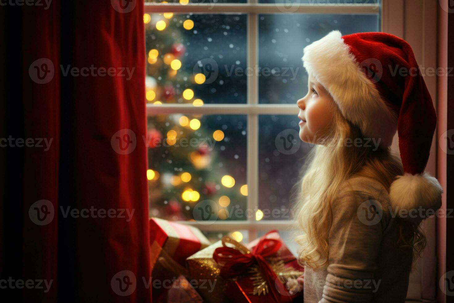 joven niña mirando fuera de ventana en Navidad noche. generativo ai foto