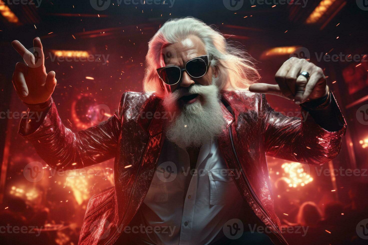 A stylish Santa Claus dancing with the crowd in a discotheque with mirrored walls and a festive backdrop. Generative Ai photo