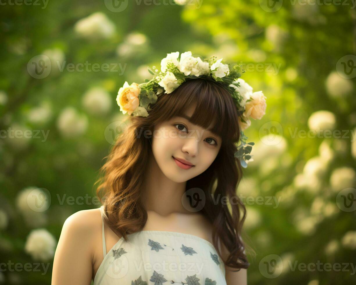 Beautiful asian girl in flower garden AI Generative photo