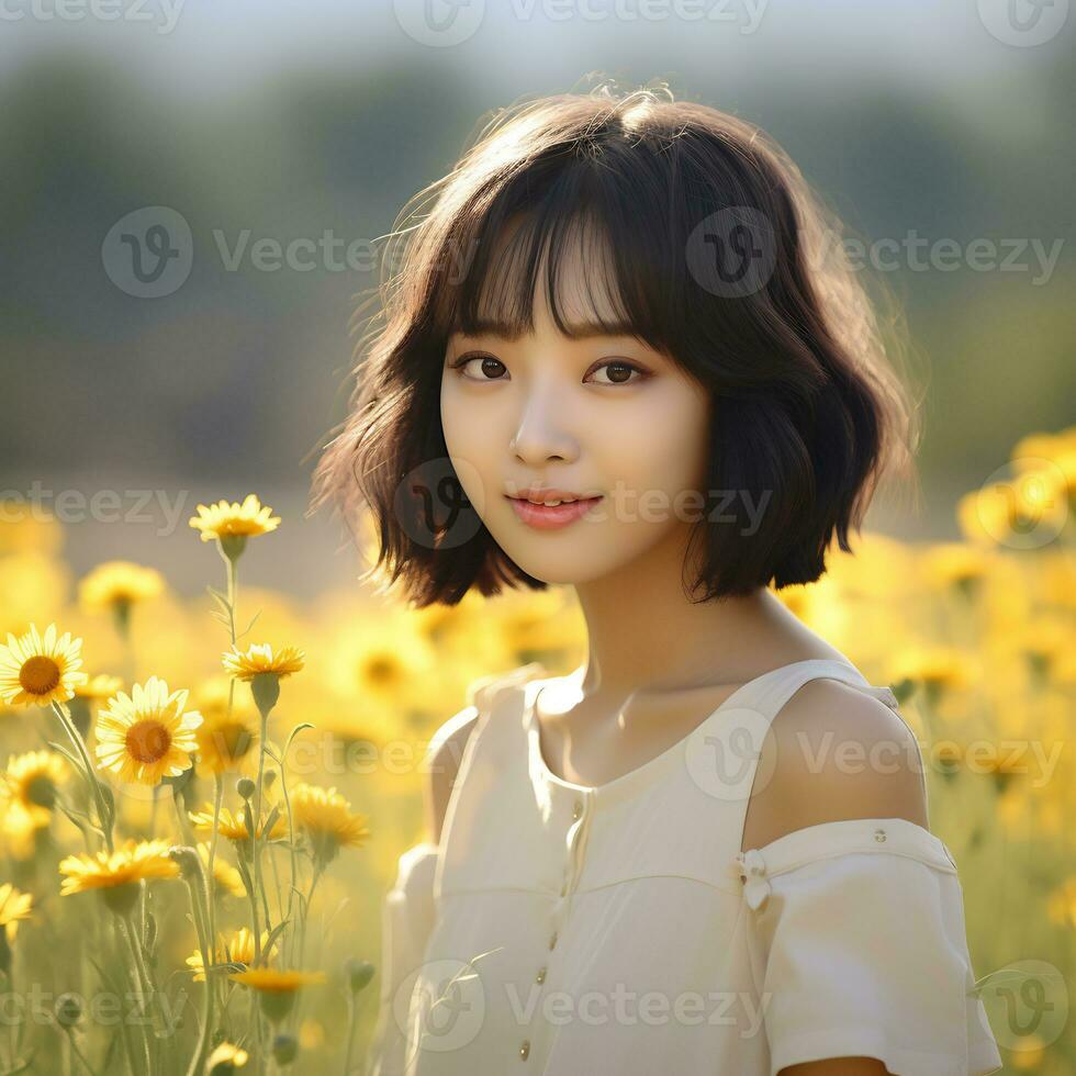 hermosa asiático niña en flor jardín ai generativo foto