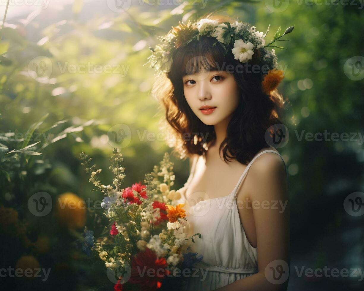 Beautiful asian girl in flower garden AI Generative photo