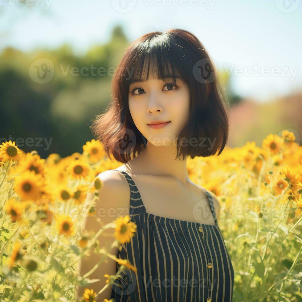 Beautiful asian girl in flower garden AI Generative photo