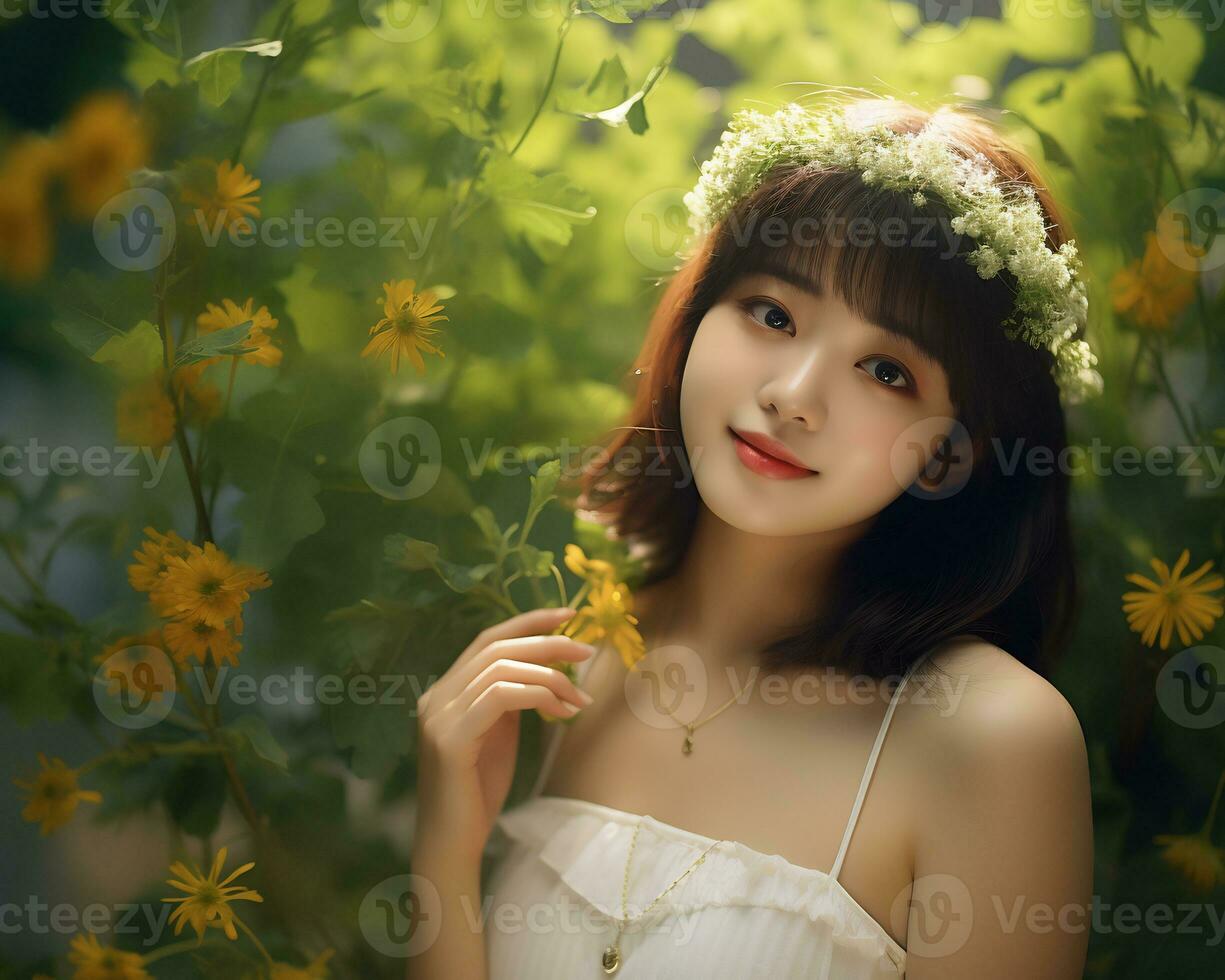 Beautiful asian girl in flower garden AI Generative photo