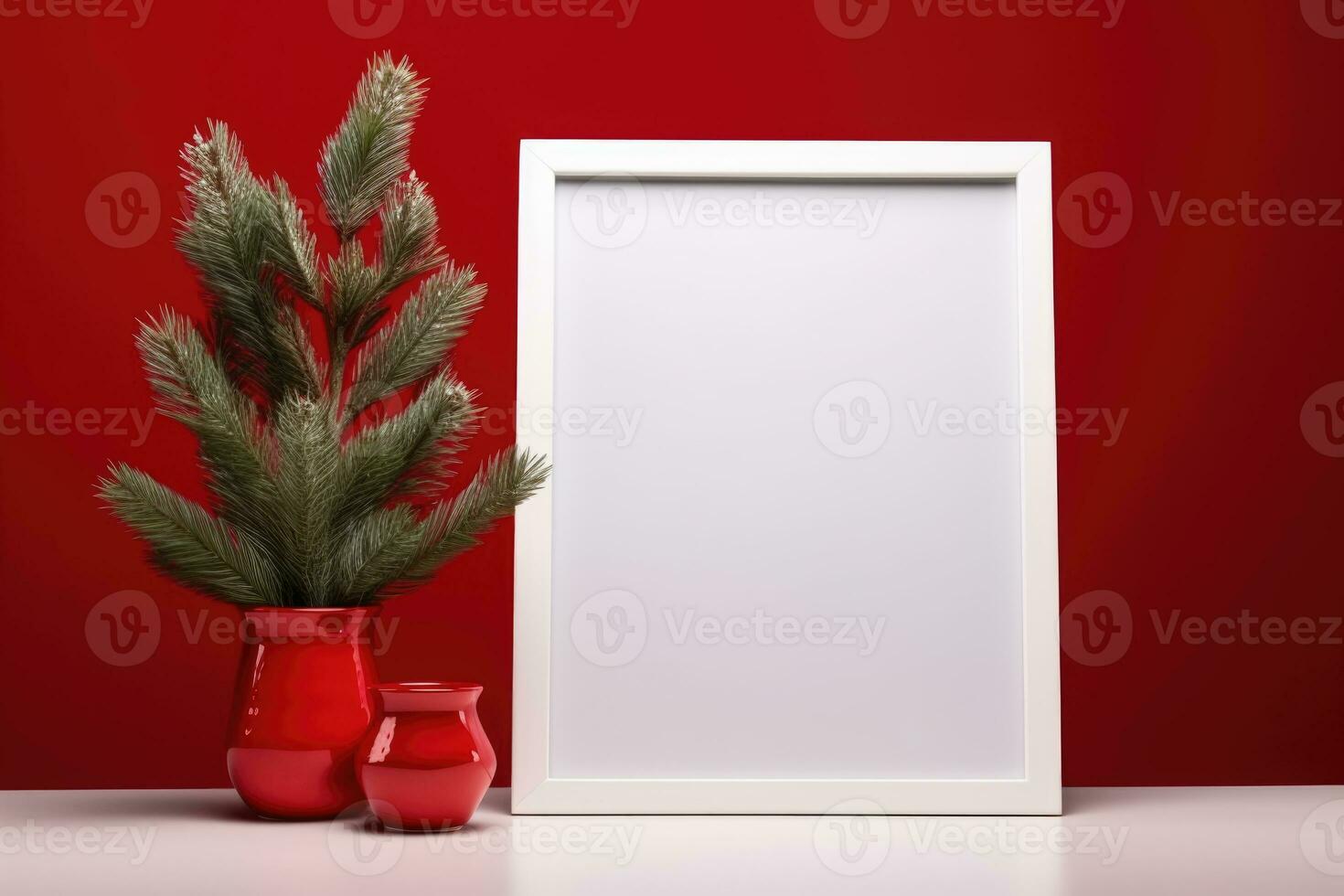 A mock-up of a photo frame against a red wall and a vase with nobilis. AI generated