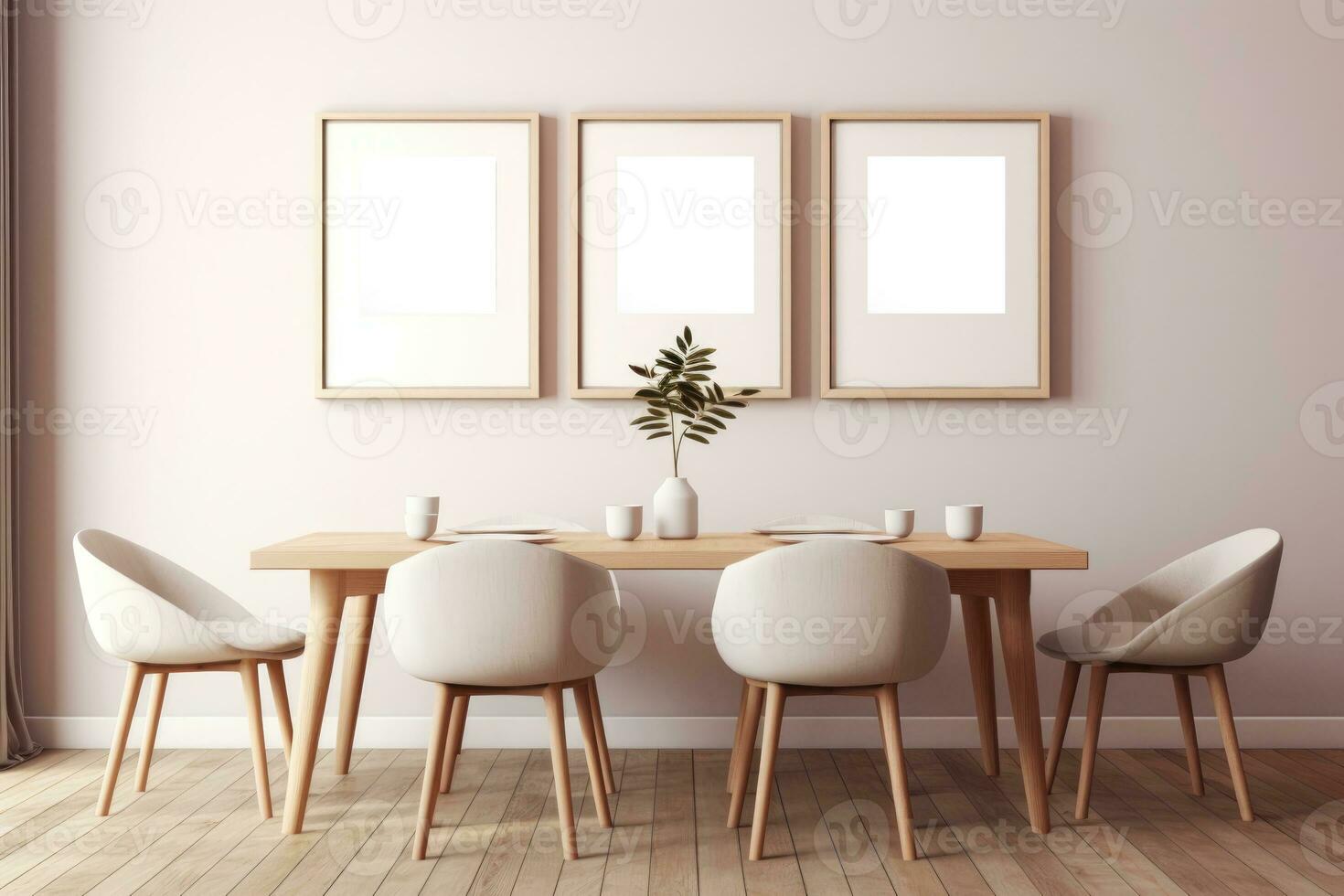 The interior of a modern kitchen and living room with a dining table and frames on the wall. AI-Generated photo