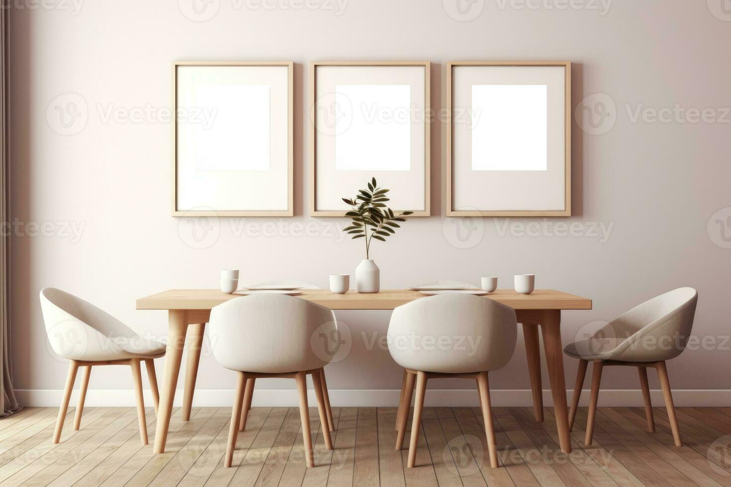 el interior de un moderno cocina y vivo habitación con un comida mesa y marcos en el pared. generado por ai foto