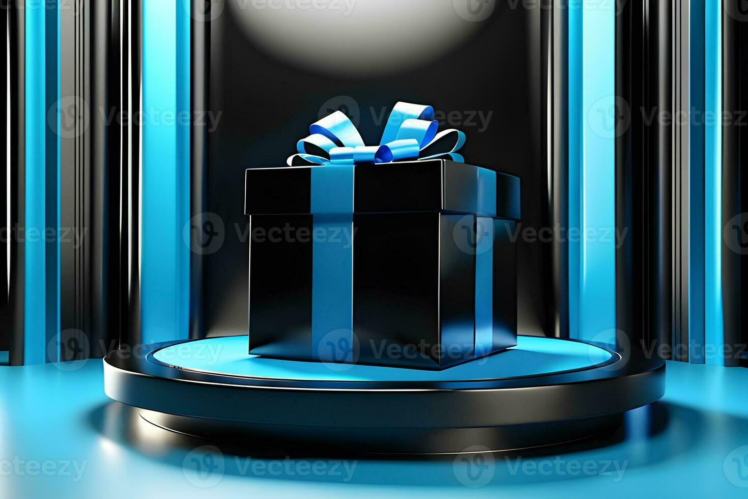 Blue Circle pedestal in eleglance luxuary for product presentation and white plaster wall.Ai generated photo
