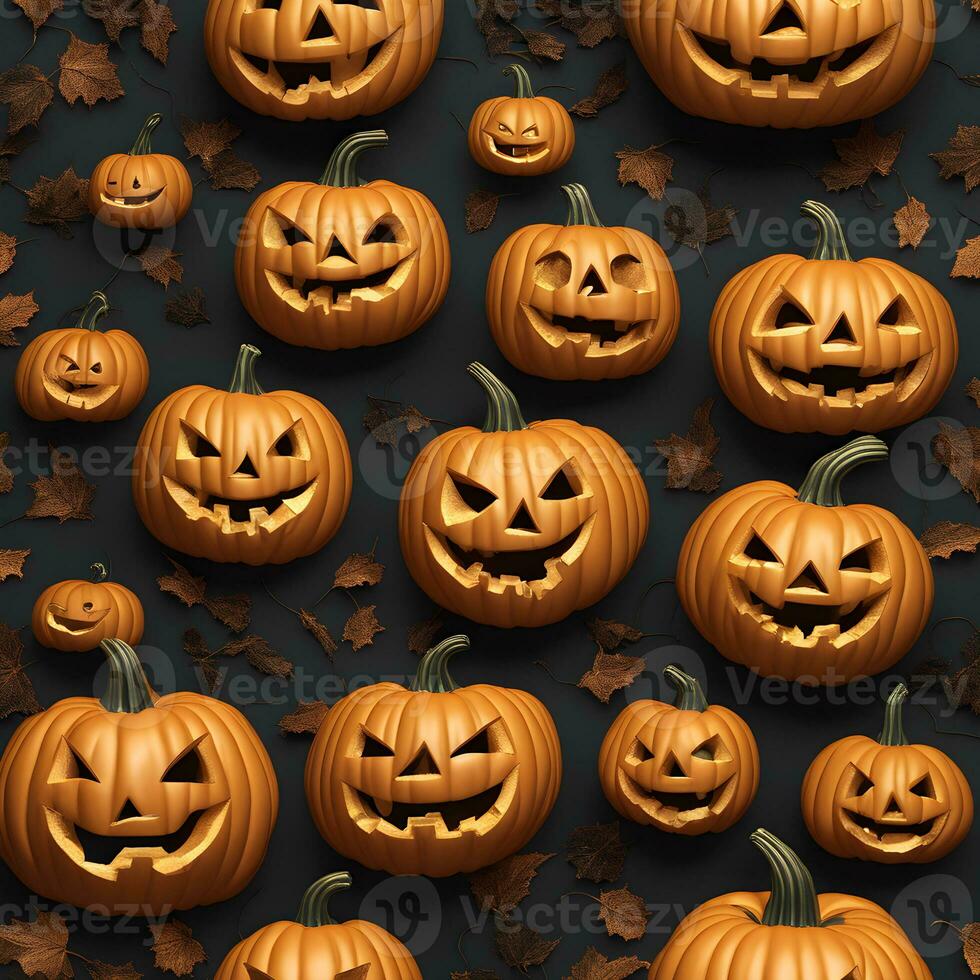 Happy Halloween banner or party invitation background with ghosts and pumpkins Group of illustration glowing pumpkin on treat or trick fantasy fun party celebration design AI generated photo