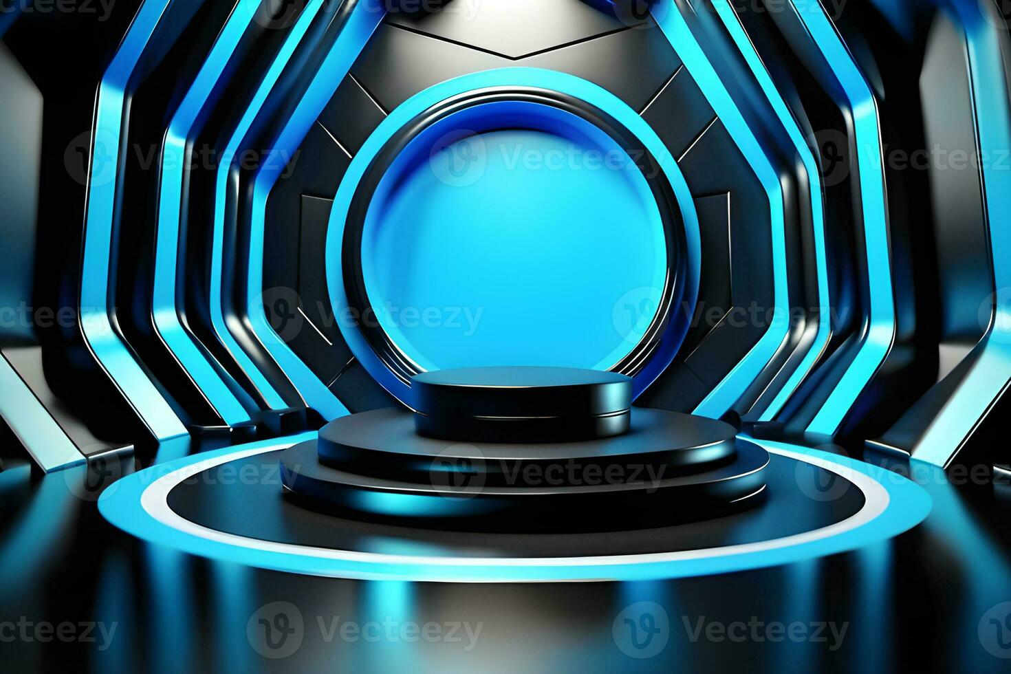 Blue Circle pedestal in eleglance luxuary for product presentation and white plaster wall.Ai generated photo