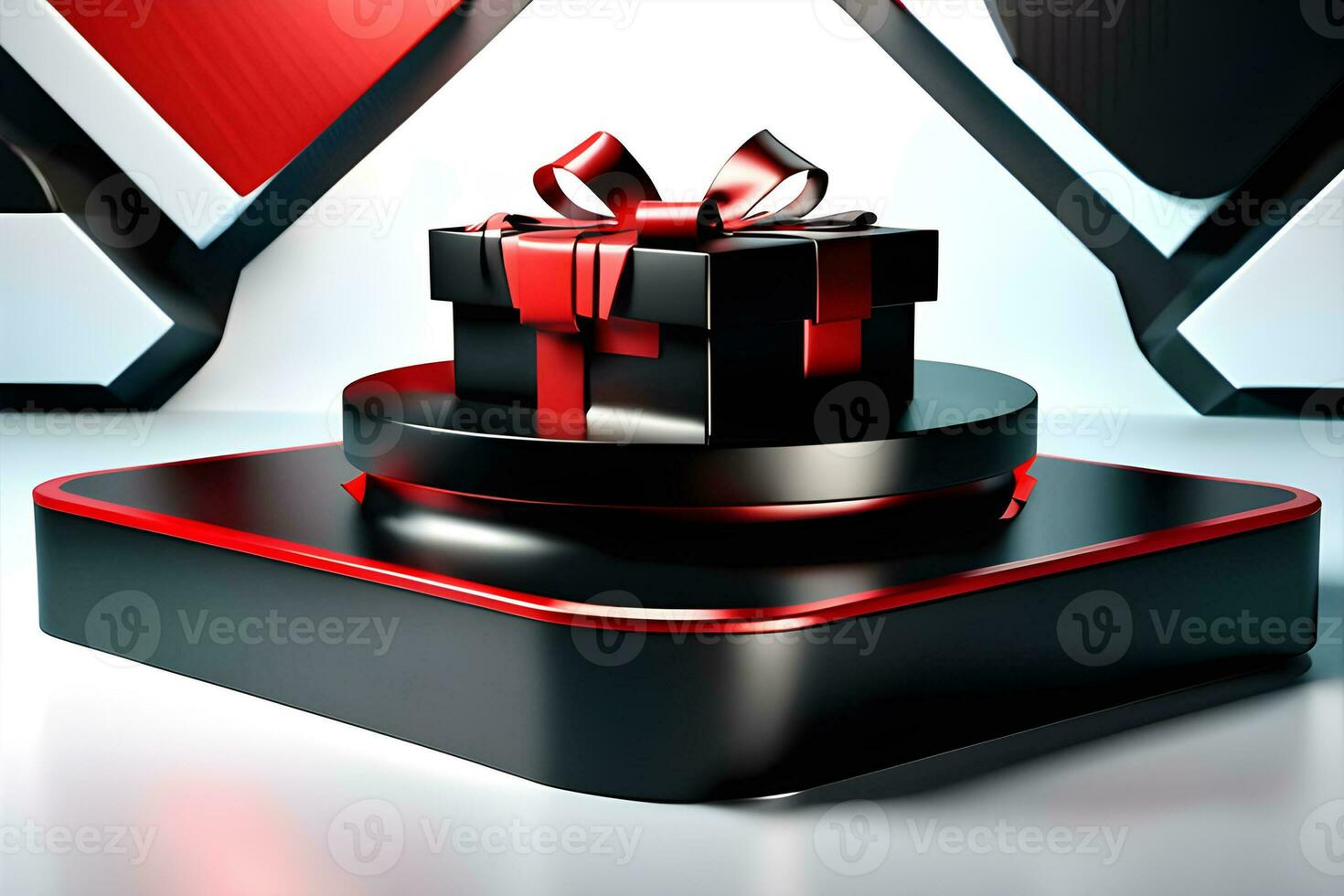 red Circle pedestal in eleglance luxuary for product presentation and white plaster wall.Ai generated photo