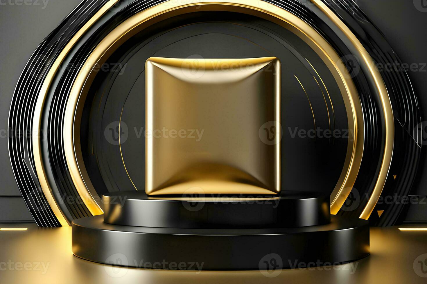 Gold Circle pedestal in eleglance luxuary for product presentation and white plaster wall.Ai generated photo