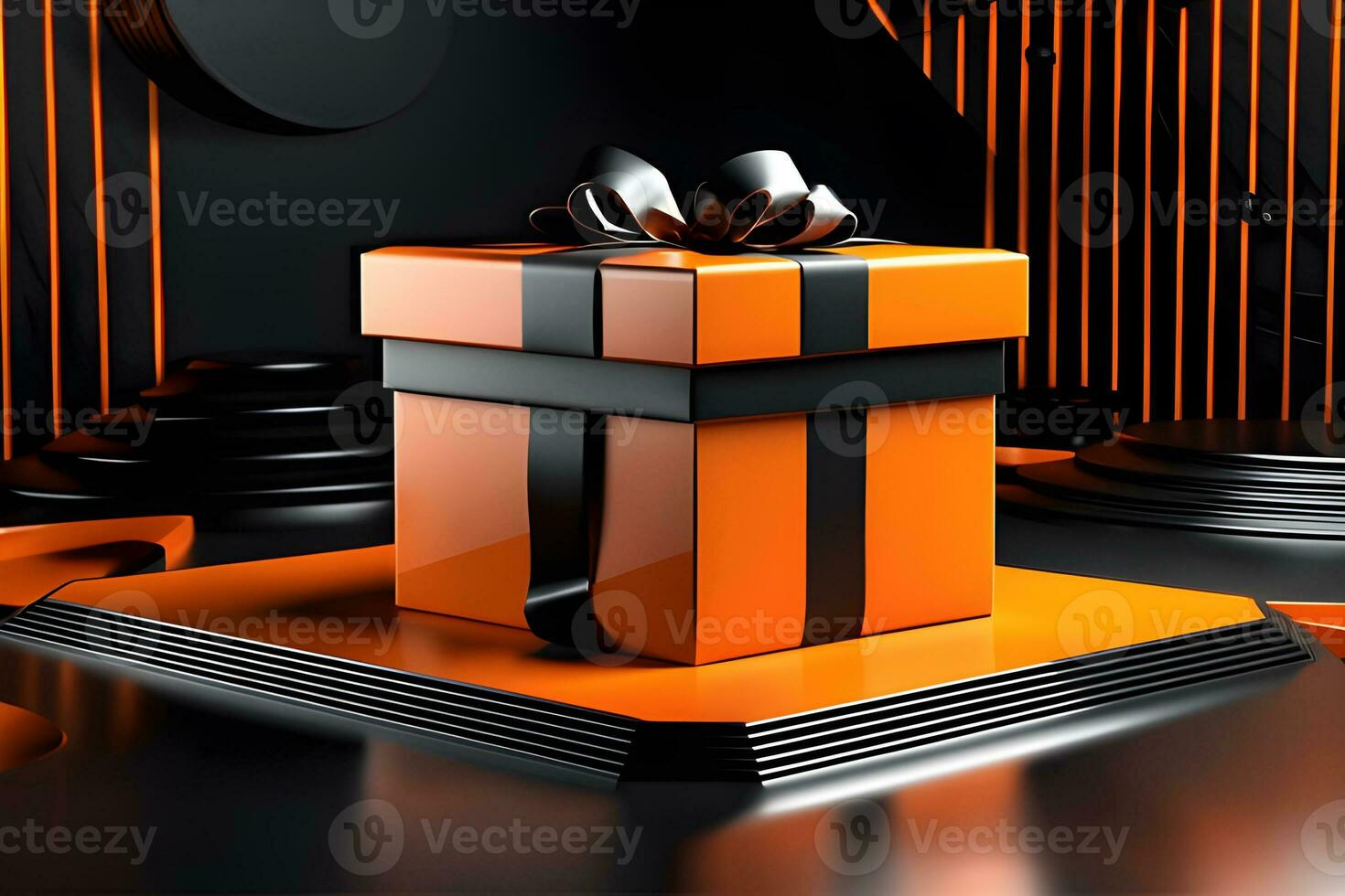 Orange Circle pedestal in eleglance luxuary for product presentation and white plaster wall.Ai generated photo