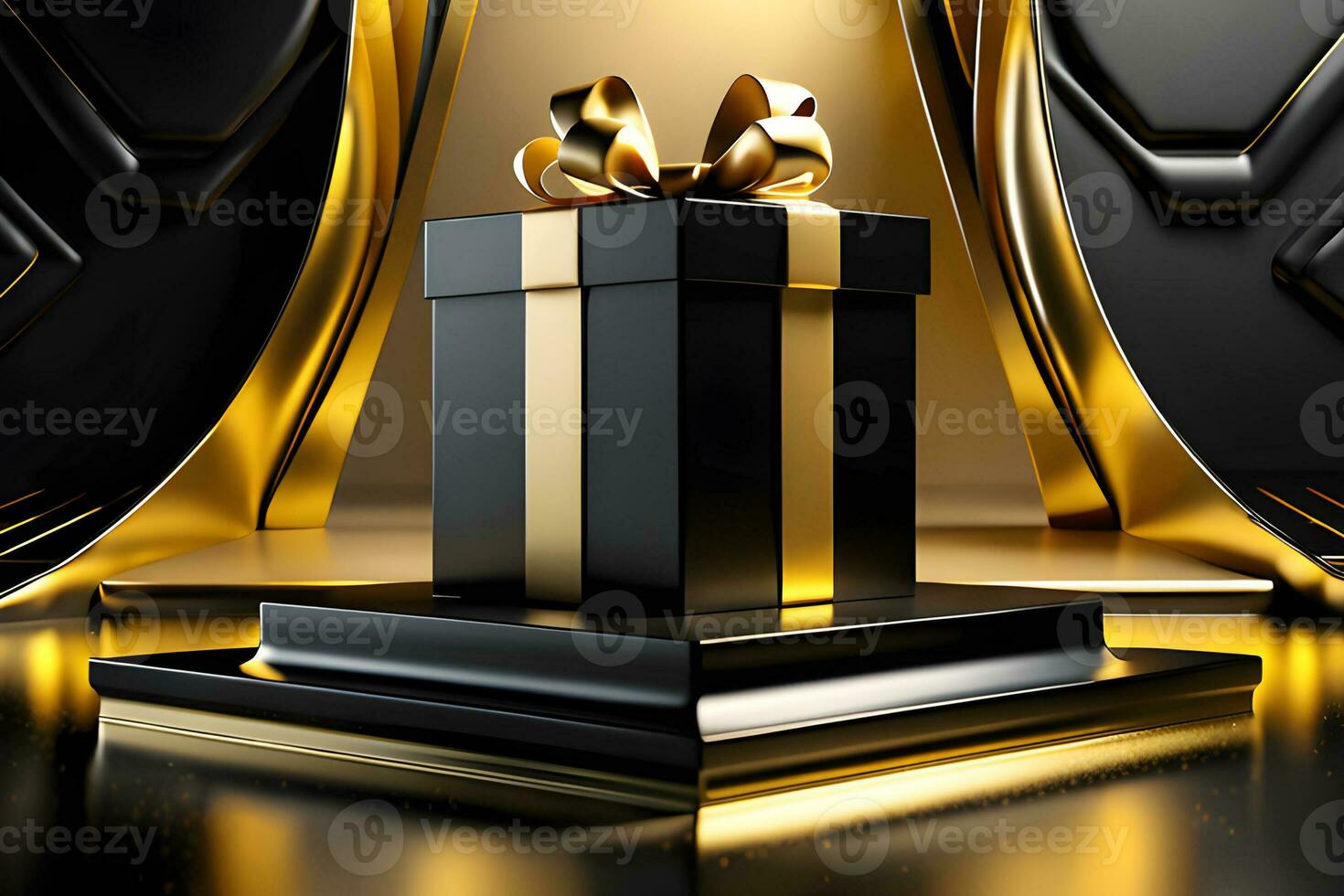 Gold Circle pedestal in eleglance luxuary for product presentation and white plaster wall.Ai generated photo