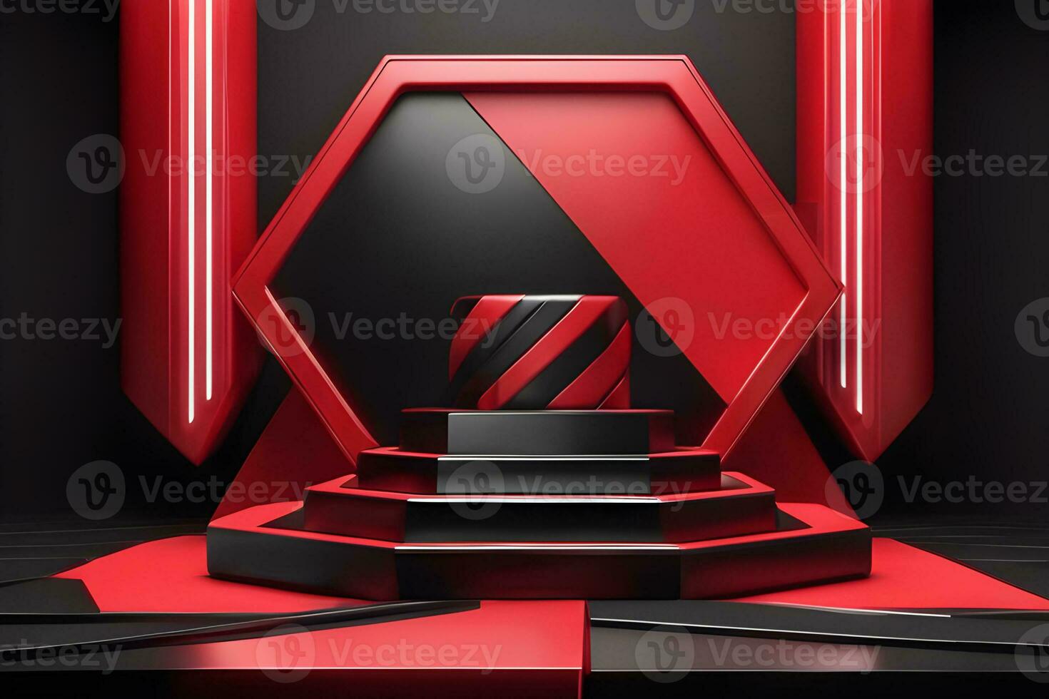 red Circle pedestal in eleglance luxuary for product presentation and white plaster wall.Ai generated photo
