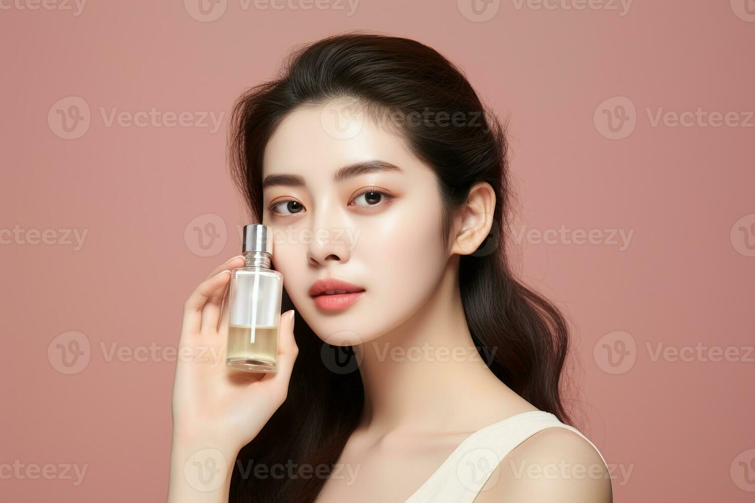 Beautiful asian women apply face oil and serum on solid pastel background .Beauty,skin care and spa concept .Created with Generative AI technology. photo