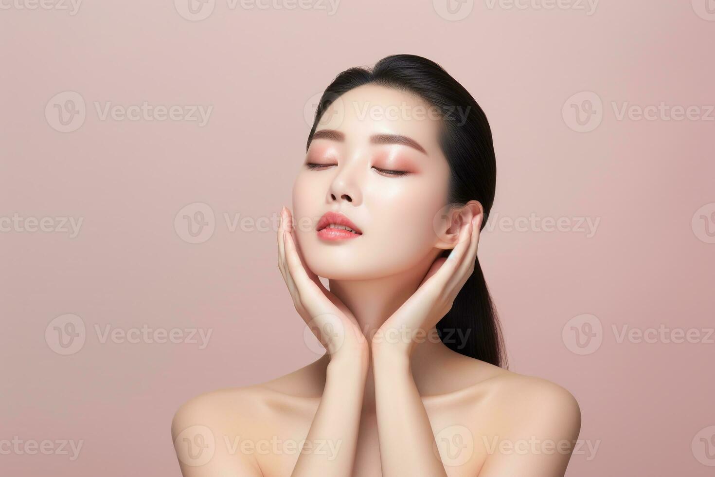 Beautiful asian women washing face with copy space on solid pastel background.Beauty,skin care and spa concept, Asian woman portrait.Created with Generative AI technology. photo