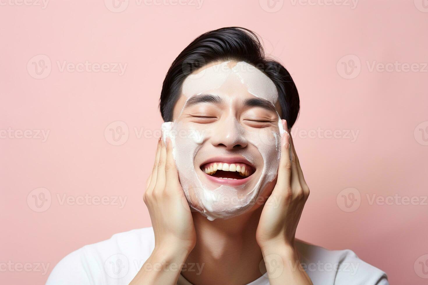 Handsome Asian man washing face with copy space on solid pastel background.Beauty,skin care and spa concept, Asian woman portrait.Created with Generative AI technology. photo