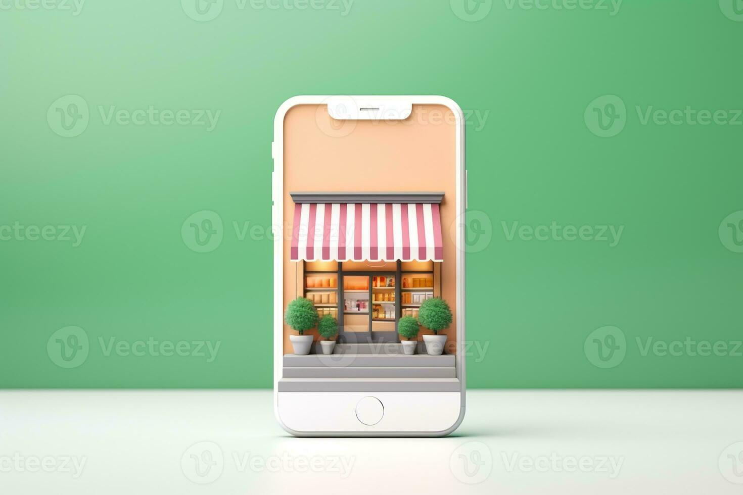 3d Smartphone with supermarket shop.online shopping concept.Created with Generative AI technology. photo