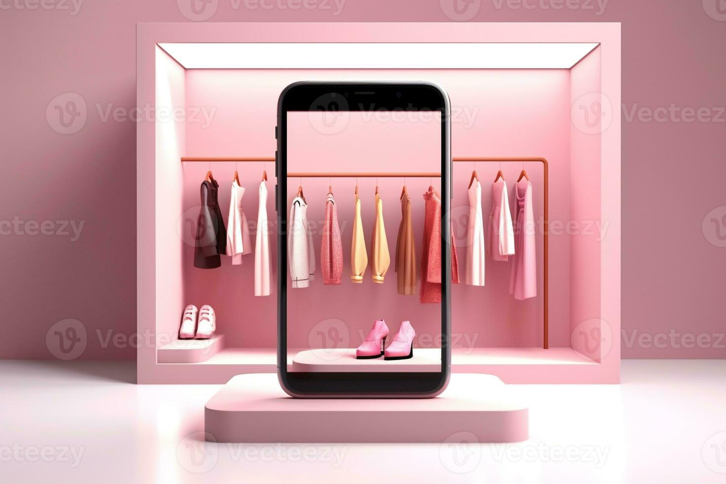 3d Smartphone with clothes shop.online shopping concept.Created with Generative AI technology. photo