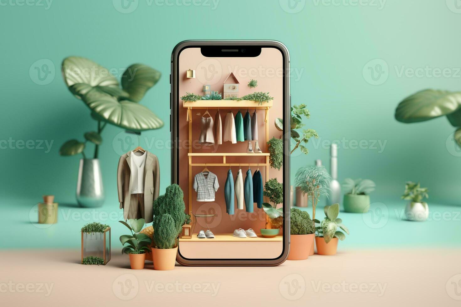 3d Smartphone with clothes shop.online shopping concept.Created with Generative AI technology. photo