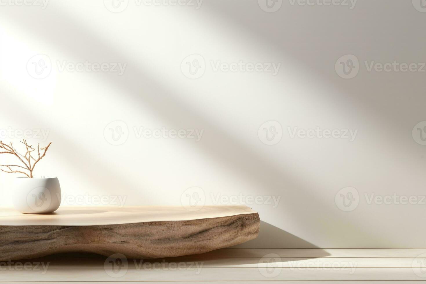 Close up of Empty wooden table counter podium with stone white wall.Minimal background for products presentation.Created with Generative AI technology photo