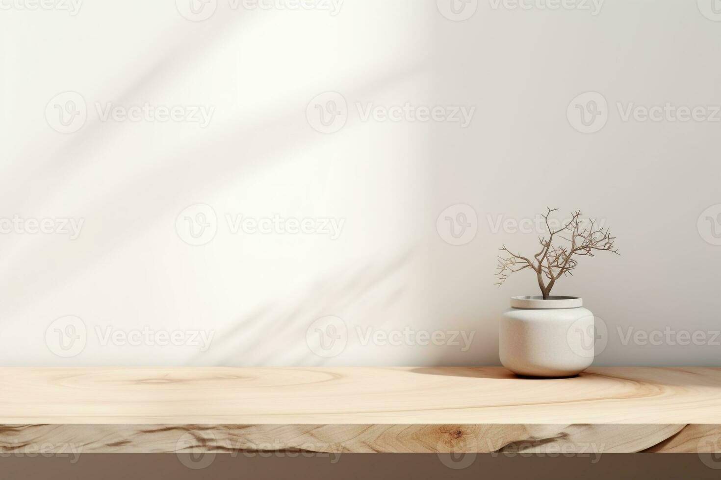 Close up of Empty wooden table counter podium with stone white wall.Minimal background for products presentation.Created with Generative AI technology photo