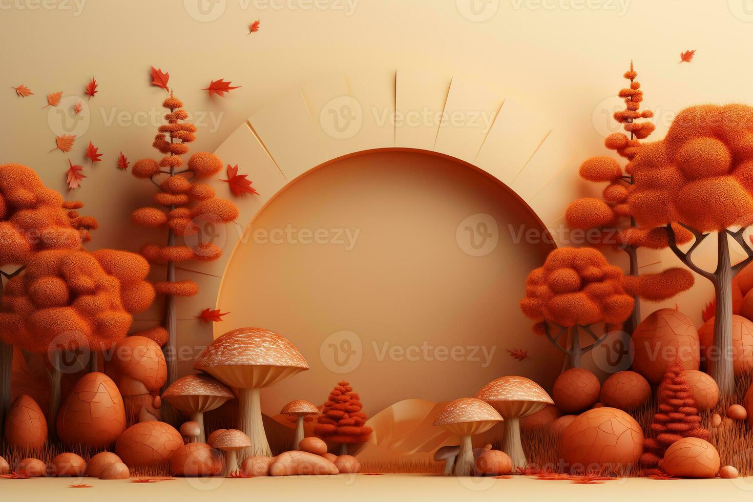 3D podium products display background with autumn leaves,mushrooms,animal on the left with copy space.Minimal background for products presentation.Created with Generative AI technology photo