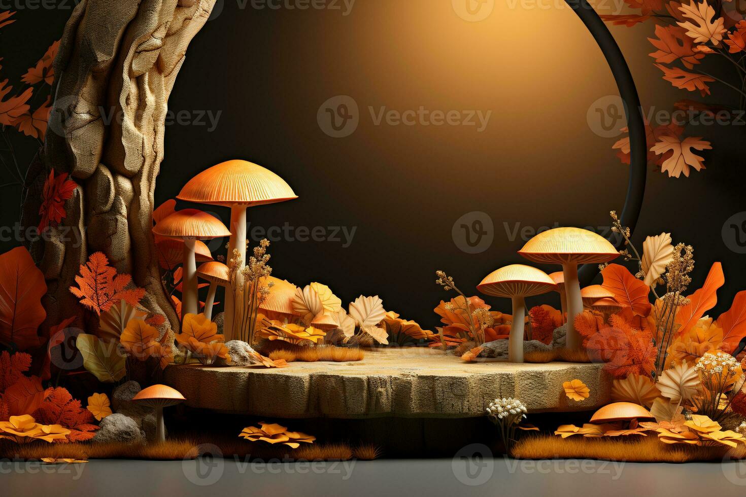 3D podium products display background with autumn leaves,mushrooms,animal on the left with copy space.Minimal background for products presentation.Created with Generative AI technology photo