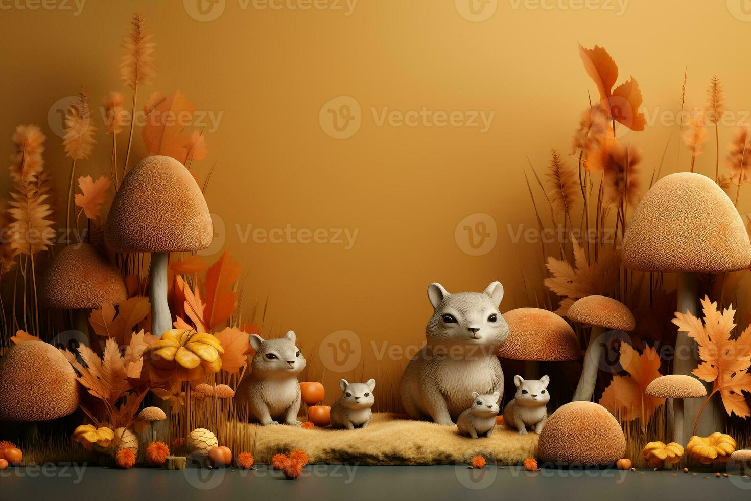 3D podium products display background with autumn leaves,mushrooms,animal on the left with copy space.Minimal background for products presentation.Created with Generative AI technology photo