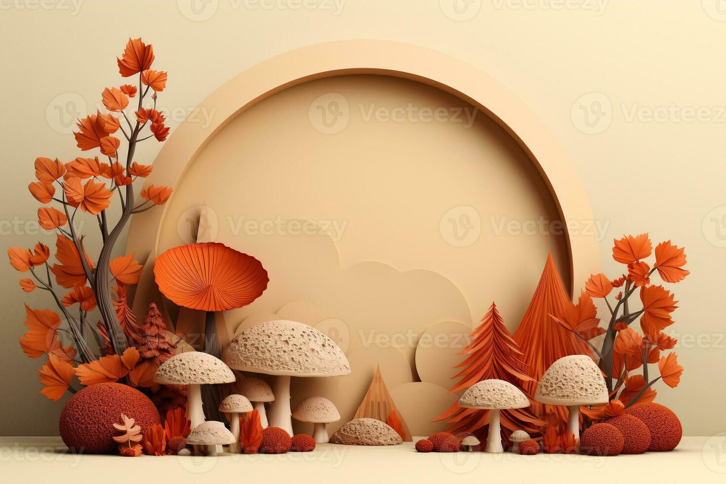 3D podium products display background with autumn leaves,mushrooms,animal on the left with copy space.Minimal background for products presentation.Created with Generative AI technology photo
