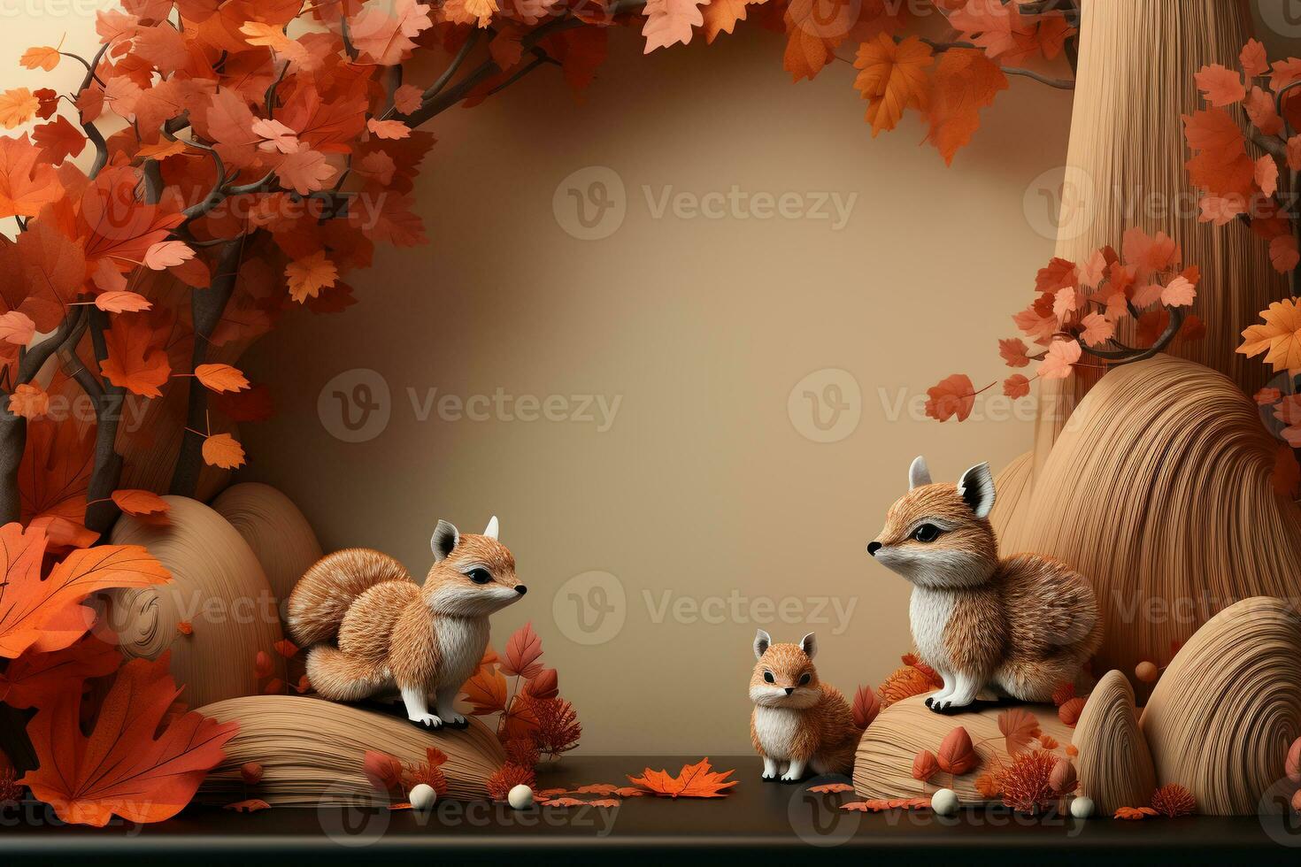 3D podium products display background with autumn leaves,mushrooms,animal on the left with copy space.Minimal background for products presentation.Created with Generative AI technology photo