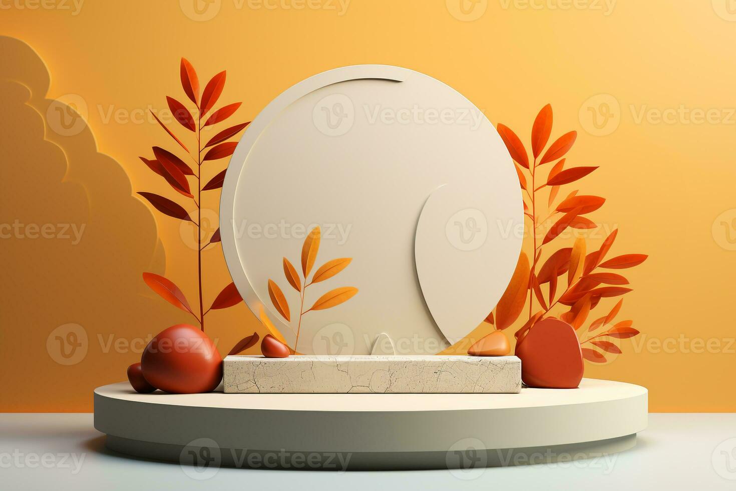 3D podium products display background with autumn leaves,mushrooms,animal on the left with copy space.Minimal background for products presentation.Created with Generative AI technology photo