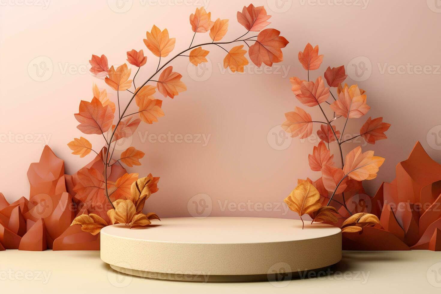 3D podium products display background with autumn leaves,mushrooms,animal on the left with copy space.Minimal background for products presentation.Created with Generative AI technology photo