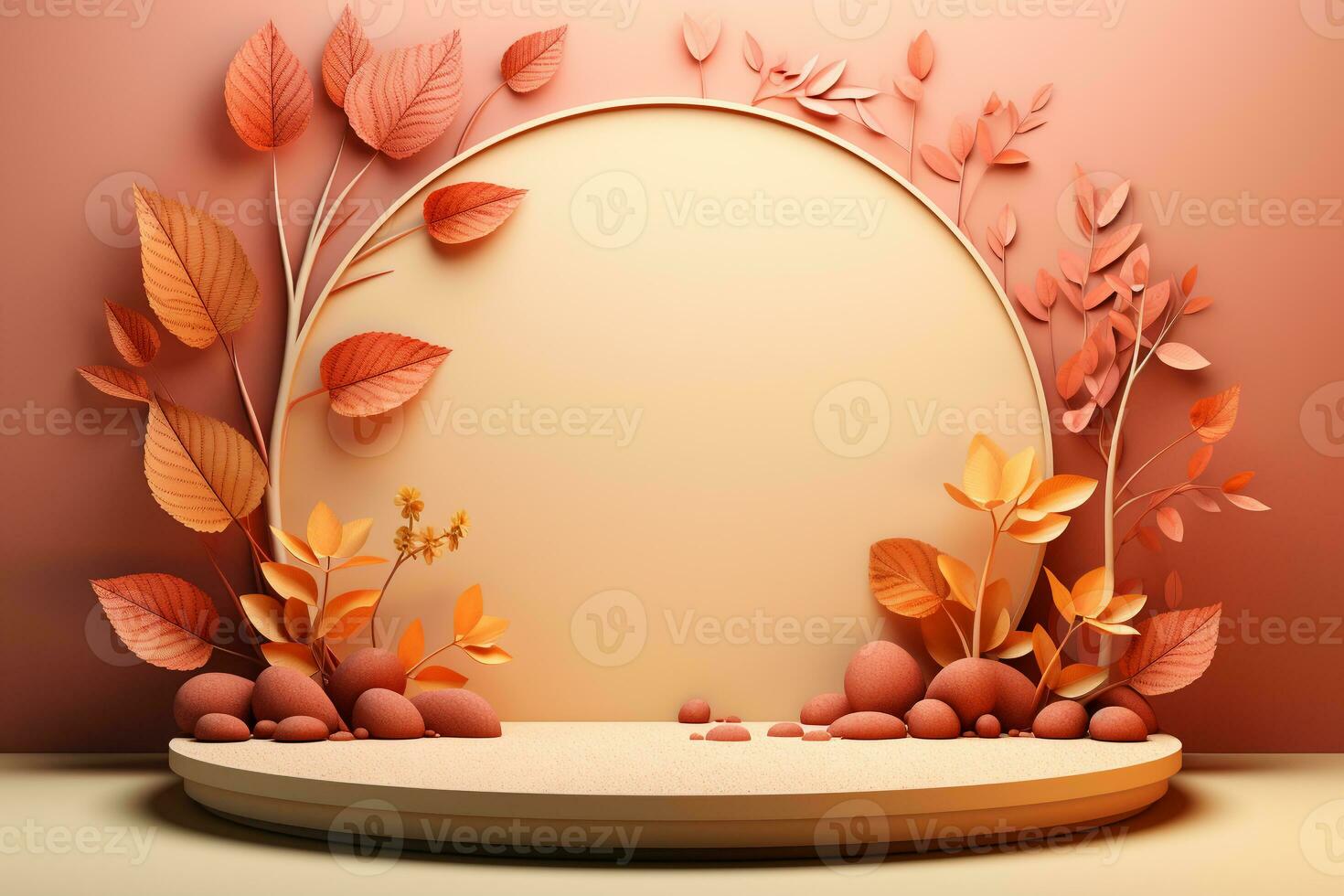 3D podium products display background with autumn leaves,mushrooms,animal on the left with copy space.Minimal background for products presentation.Created with Generative AI technology photo