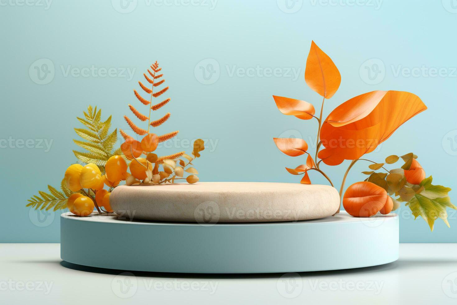 3D podium products display background with autumn leaves,mushrooms,animal on the left with copy space.Minimal background for products presentation.Created with Generative AI technology photo