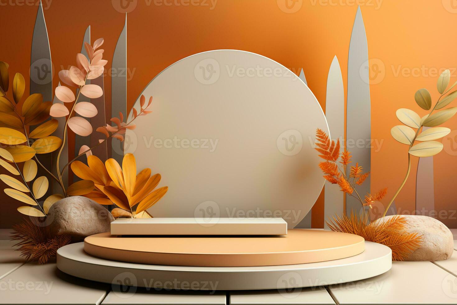 3D podium products display background with autumn leaves,mushrooms,animal on the left with copy space.Minimal background for products presentation.Created with Generative AI technology photo