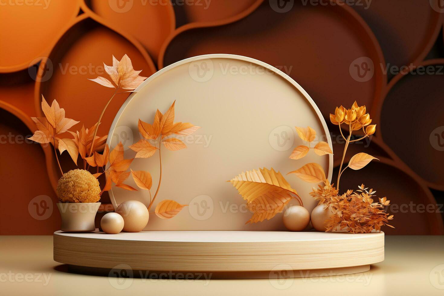 3D podium products display background with autumn leaves,mushrooms,animal on the left with copy space.Minimal background for products presentation.Created with Generative AI technology photo