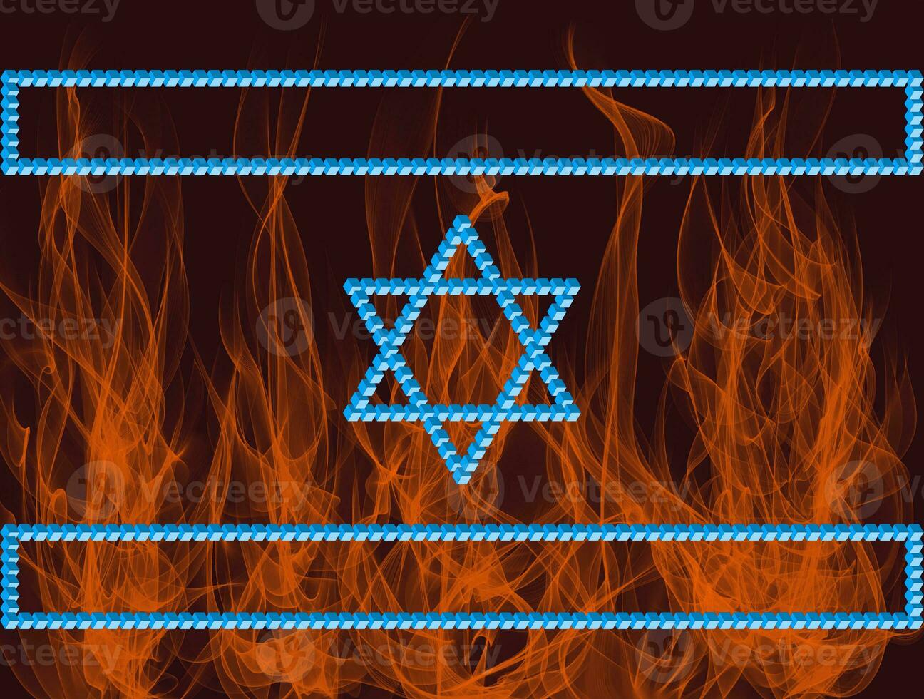 Israeli flag on a background of fire. The symbols of Israel are based on the Penrose triangle. Monolithic basis of Israeli symbols based on unusual figures with violations of the laws of geometry. photo