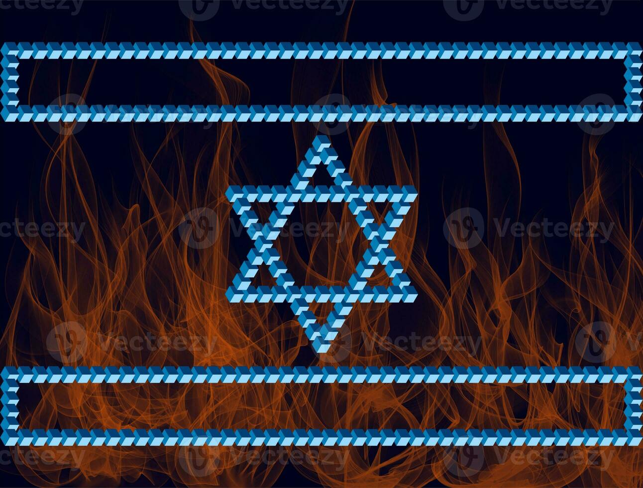 Israeli flag on a background of fire. The symbols of Israel are based on the Penrose triangle. Monolithic basis of Israeli symbols based on unusual figures with violations of the laws of geometry. photo